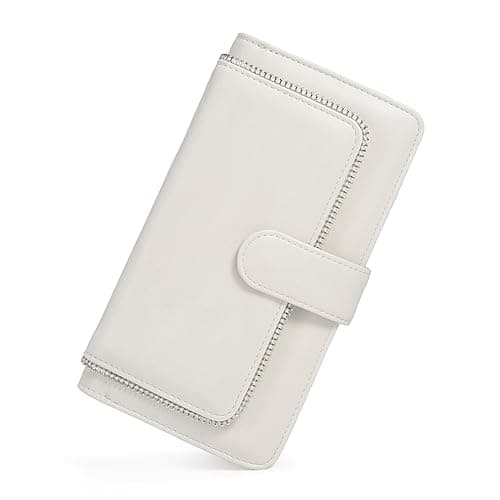 UTO Women PU Leather Wallet RFID Blocking Large Capacity 15 Card Slots Smartphone Holder Snap Closure D White