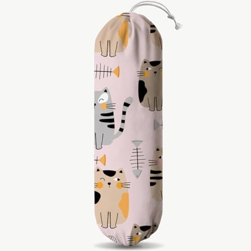 Lovely Cats Plastic Bag Holder, Reusable Washable Shopping Bags Storage Carrier, Animal Fabric Garbage Trash Bag Dispenser for Home Kitchen Pantry Cabinet, Wall Mount, Gift for Cat Mom