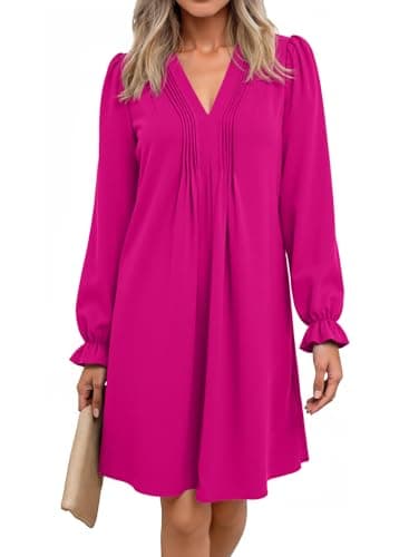 Dokotoo Summer Dresses for Women 2025 Casual Long Puff Sleeve Sexy V Neck Pleated Ruffle Flowy Dress Elegant Cocktail Dress Smocked High Waist A Line Flowy Tshirt Dresses Large Hot Pink