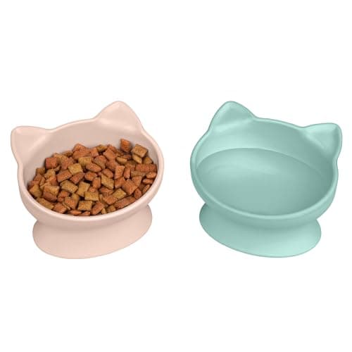 Kitty City Elevated Cat Bowls (Set of 2), Whisker-Friendly Raised Cat Food & Water Dishes, Modern Pedestal Design, Dishwasher Safe, 6.5 oz Each – Pink & Teal