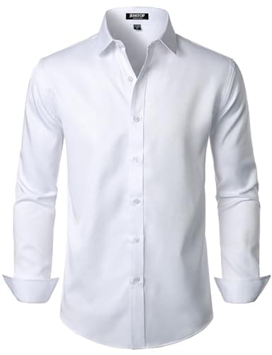 JEMITOP Men's Stretch Wrinkle Free Dress Shirts Formal Wedding Prom Long Sleeve Slim Fit Button Down Shirt Solid White L