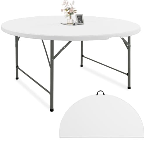 Fivenl 5 FT Round Folding Tables White Foldable Table, Fold-in-Half with Carrying Handle Portable Plastic Table for Party, Dining, Wedding, Camping, Picnic, Indoor Outdoor Events