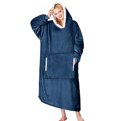 yescool Wearable Blanket Hoodie, Flannel Sherpa Fleece Blanket Sweatshirt for Adults Women Men, Big Plush Cozy Hooded Blanket with Hood, Pocket & Sleeves, Large, One Size Fits All (Navy Blue)