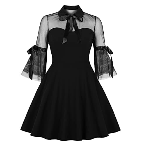 Women Peter Pan Collar Bell Sleeve Vintage 1950s Cocktail Swing Dress Keyhole Mesh Sheer Gothic Mini Dress Panel Vintage Flared A-line Prom Dress Wedding Evening Party Goth Dress Black-Bell Sleeve M