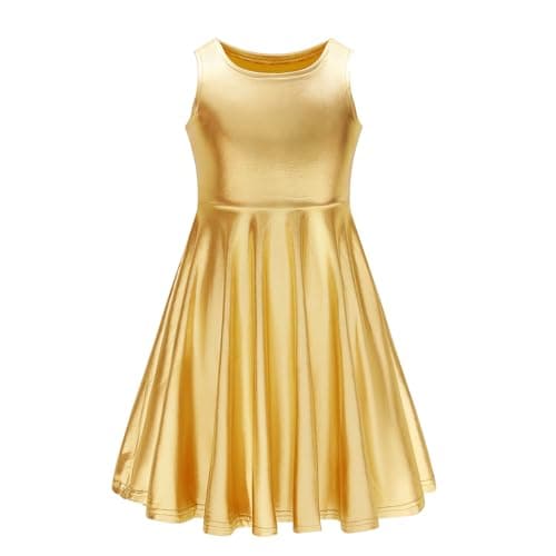 Shekavarld Girls Gold Metallic Dress Kids Sparkly Shiny Twirl Dresses Halloween Clothes, 4t 5t