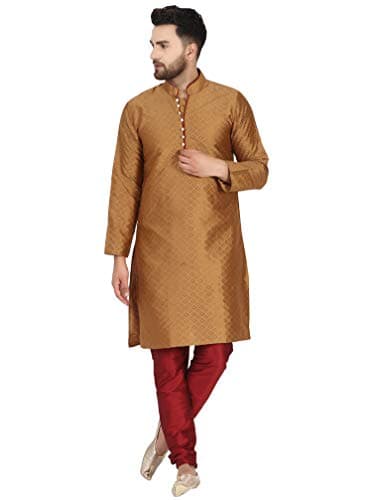 SKAVIJ Men's Art Silk Indian Kurta Pajama Wedding Party Festive Season Dress Suit (X-Large, Brown)