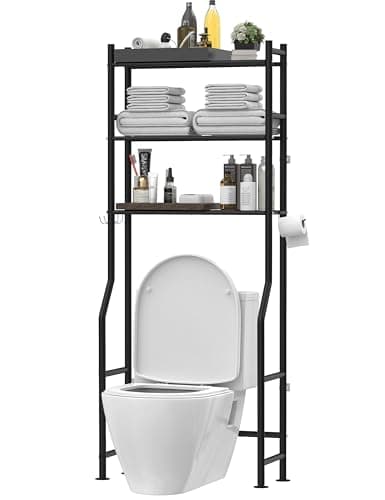 Livilord 3-Tier Over The Toilet Storage, Freestanding Metal Bathroom Shelves with 4 Hooks, Over Toilet Storage Shelf with Paper Holder, Above The Toilet Shelf for Bathroom Storage, Black