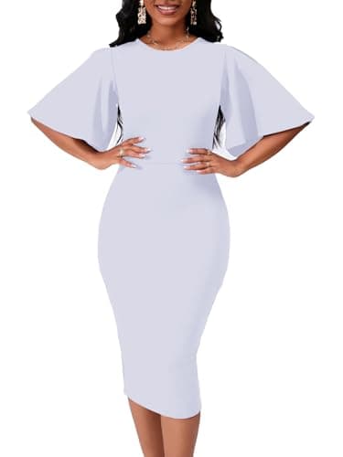 WanMem White Church Dress for Women Elegant Ruffle Short Sleeve Bodycon Knee Length Work Dress, White
