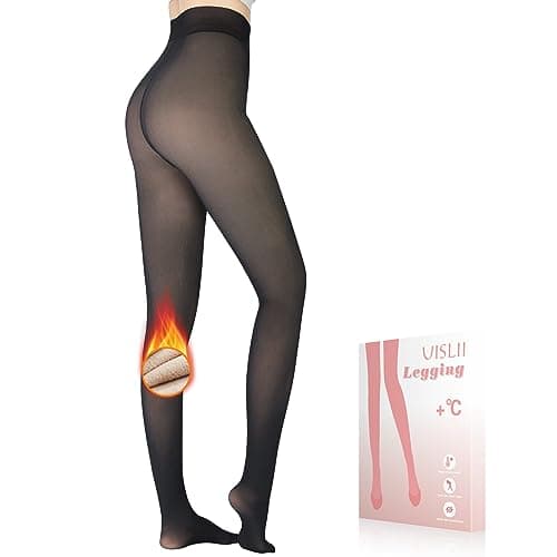 Fleece Lined Women's Tights by UISLII - Warm, Fake Translucent, Thermal, Skin Colored for Winter (Black Foot, Medium-Tall)