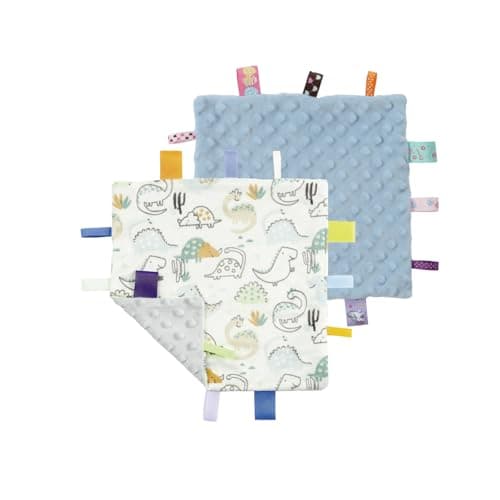 CREVENT Tag Security Blankets for Babies, Soft Small Loveys for Girls, Baby Comforter Sensory Blanket, Great Gifts for Birthday Baby Shower 10"X10" (Dinosaur+Blue)