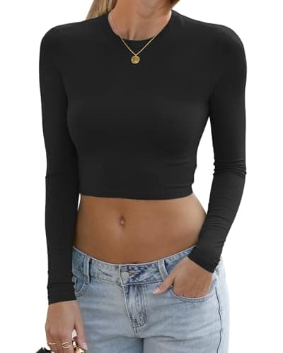 Abardsion Women's Sexy Long Sleeve Crop Tops 2025 - Basic Crew Neck Slim Fitted Fall Cropped Shirts(Black, S)