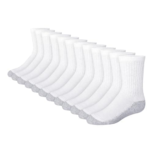 Hanes Boys Socks, Double Tough Cushioned Crew 12-pair Packs Athletic-socks, White/Grey Bottom, Large US