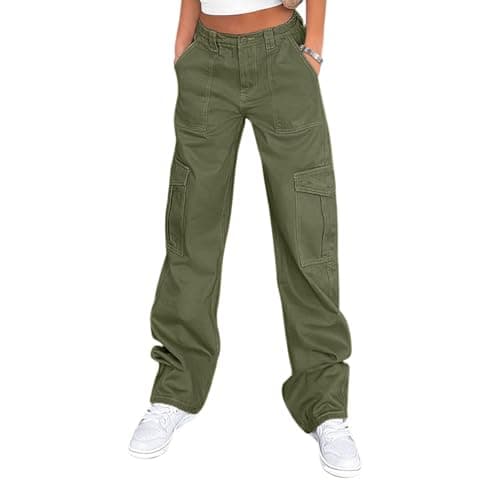 Parachute Pants for Womens Wide Leg Cargo Pants Y2k with Pockets Baggy Casual Harajuku Streetwear Army Green