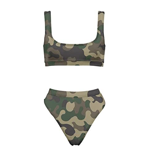 INSTANTARTS Green Camo Print Women's Bikini Sets High Cut Push Up Beach Swimsuits Two Piece Halter Tank Crop Top Swimwear Bottoms with Amry Camouflage