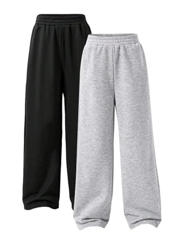 RoseSeek Girl's Baggy Sweatpants Elastic Waist Wide Leg Pants Joggers Track Sweat Pants Trouser 2 Pack Black Grey 10Y