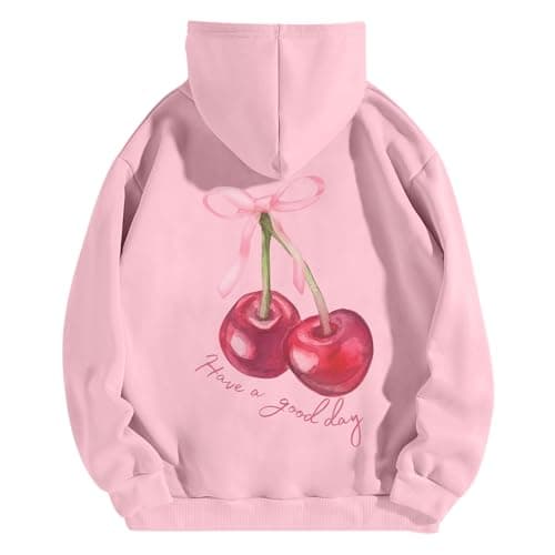 Tuislay Womens Cute Cherry Graphic Hoodie Ribbon Bow Printed Sweatshirt Drop Shoulder Aesthetic Pullover Hoodies With Pocket(Pink,S)