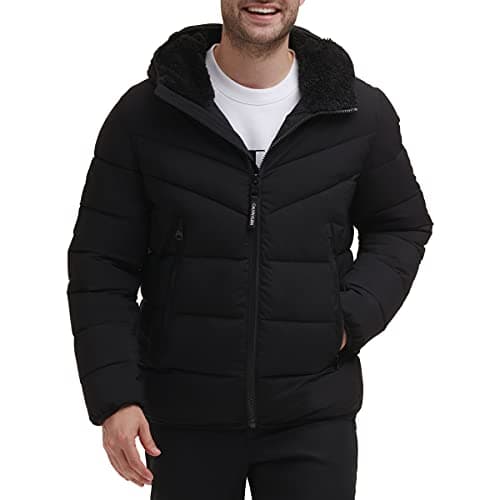 Calvin Klein Men's Winter Coat - Puffer Stretch Jacket With Sherpa Hood, Ebony, Medium