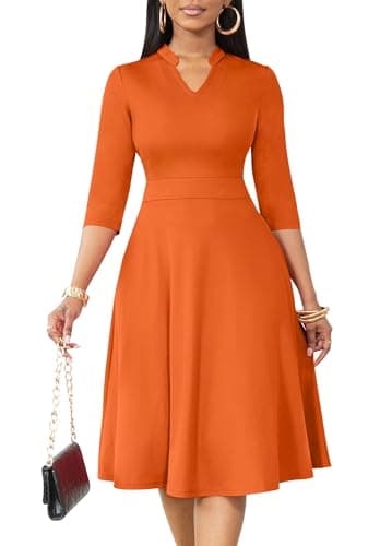 Nmoder Casual Dresses for Women Semi Formal Fit and Flare Dresses 3/4 Sleeve A-line Church Work Dresses with Pockets Orange 2XL