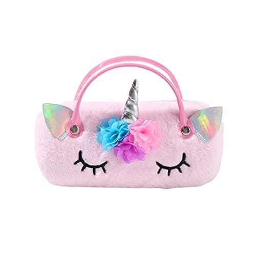 Plush Unicorn Hard Eyeglass Case, Portable Sunglasses Pouch with Handle Cute Glasses Case Makeup Storage Bag for Kids, Women