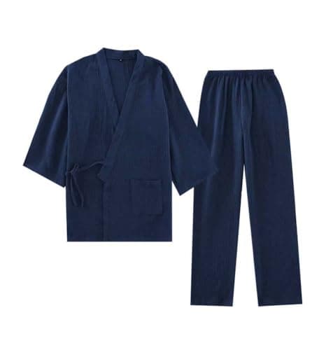 Fendawn Strive Classical Simple Japanese Style Cotton Bathrobe Pajamas Kimono Casual Clothes Unisex, Medium, Navy Blue