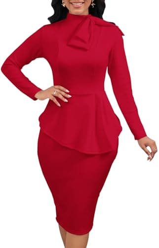 WanMem Women Formal Bodycon Peplum Cocktail Party Dress Long Sleeve Bow Ruffle Pencil Business Midi Dresses