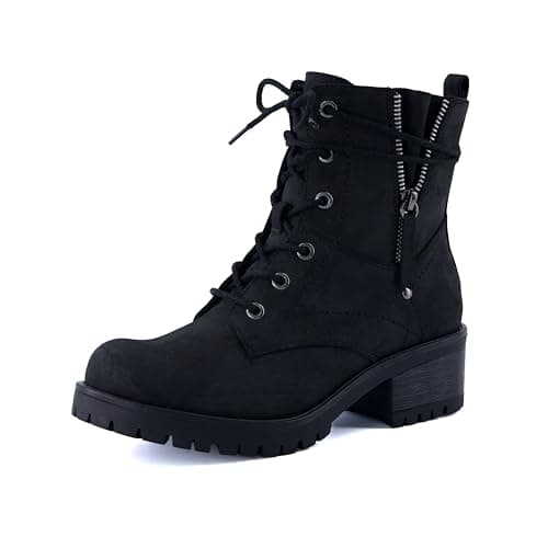 Dunes Kobe Womens Combat Boots – Stylish Lace-Up Design with Side Zipper, Durable Lug Sole, and Block Heel + Memory Foam, Faux Fur Lining, BLACK, 8.5