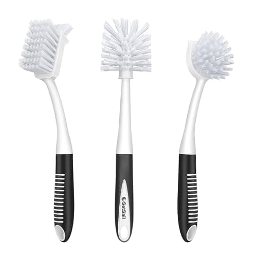 SetSail Dish Brush Set of 3 with Bottle Brush, Dish Scrub Brush with Long Handle Deep Cleaning Handle Brush with Scraper Tip for Kitchen Sink Dishes Bottle Cup Pot and Pans Tile Lines, Black