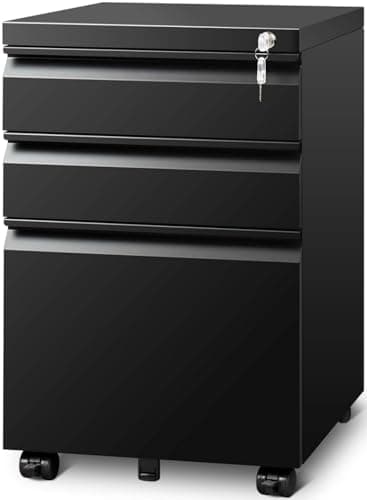 Guizeeopo Filing Cabinets for Home Office, Mobile File Cabinet with Lock, 3 Drawer Filing Cabinet for A4/Letter/Legal Size Folder, Fully Assembled Except Casters, Matte Black