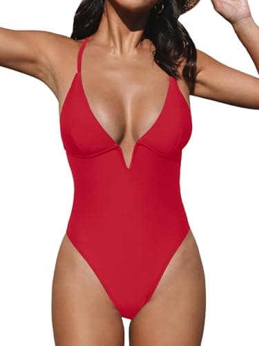 CUPSHE Women Swimsuit One Piece Bathing Suit Deep V Neck Crisscross Back Adjustable Strap, M Tomato Red