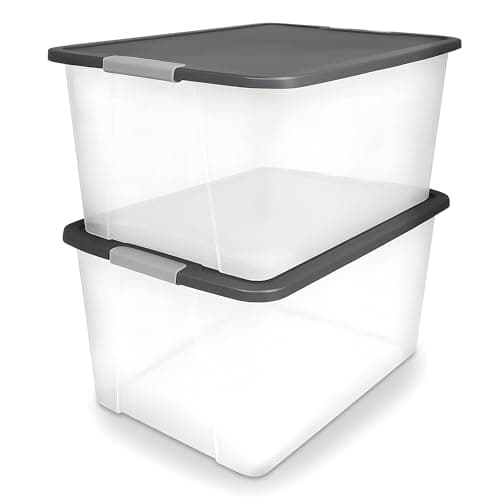 HOMZ 2-Pack Secure Latch, Clear Plastic Storage Organizer Bins, 64 Quart, Gray Lid - Heavy-Duty Container Boxes with Lids for Home, Office, and Garage
