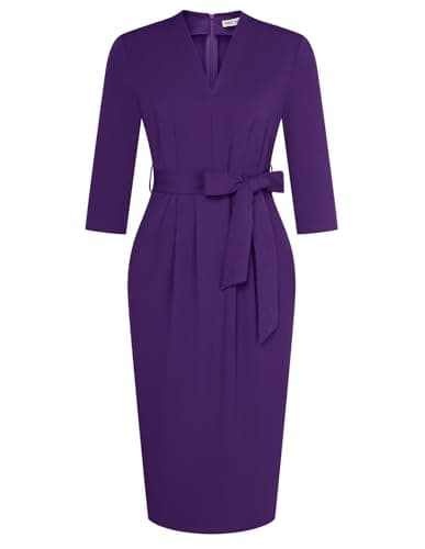 Office Dresses V Neck 3/4 Sleeve Church Dresses for Women Midi Pencil Dress L Purple