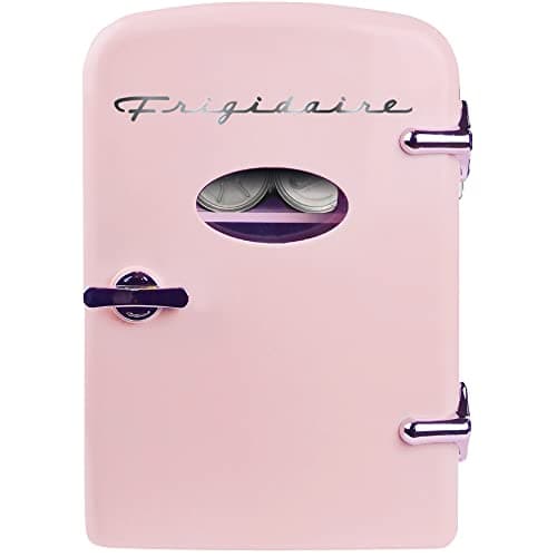 Frigidaire Pink Mini Personal Fridge Cooler, 1 Gal Capacity fits Six Cans, Includes Plugs for Home Outlet & DC Charger - 9.84"D x 7.09"W x 10.35"H