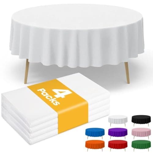 Niuara White Plastic Table Cloth Round Table 4 Pack, 84'' White Tablecloth for Round Tables, Table Cloth for Disposable Use, Table Cover for Holiday Party, Gathering