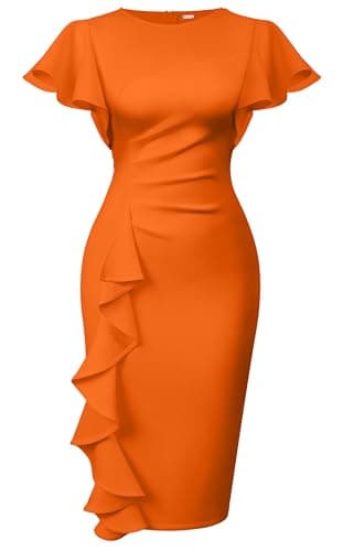 Memoriesea Women's Vintage Church Ruffle Sleeve Ruched Bodycon Work Midi Pencil Dress Orange