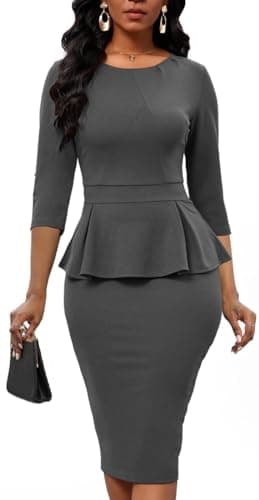 PerZeal Womens 3/4 Sleeve Crew Neck Peplum Wear to Work Office Pleated Sheath Dress Grey Medium