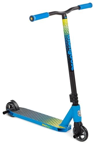 Mongoose Rise 110 Elite Freestyle Stunt Trick Scooter, Lightweight Alloy Deck & Heavy-Duty Frame Up to 220 lbs., Bike-Style Grip, Wheel Pegs Included, Blue/Yellow