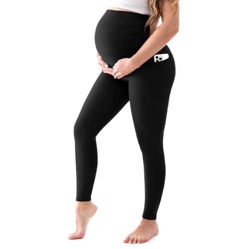 Walifrey Women's Maternity Leggings with Pockets Over The Belly,Pregnancy Yoga Pants Activewear Workout Leggings Black M