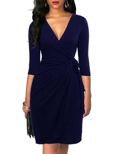 Berydress Women's Vintage 3/4 Sleeve Deep V-Neck Knee-Length Sheath Faux Wrap Dress (L, 6083-Navy)