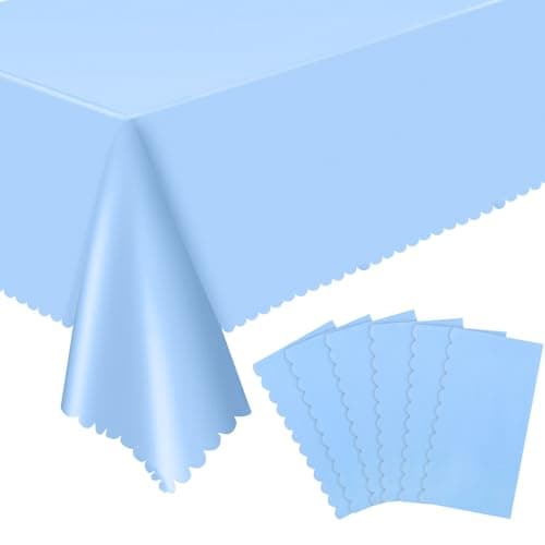 NatNarr 6 Pack Plastic Light Blue Tablecloth, 54 X 108Inch Disposable Baby Blue Scalloped Edge Tablecoth for Rectangle Table Waterproof Light Blue Table Cover for Wedding Birthday Baby Shower Decor