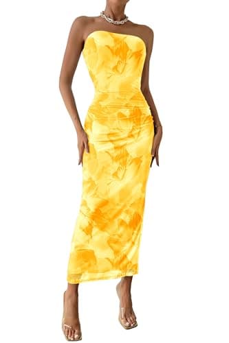 PRETTYGARDEN Women's Summer Maxi Bodycon Dresses Strapless Tube Top Printed Long Party Club Slit Dress (Floral Yellow,Small)