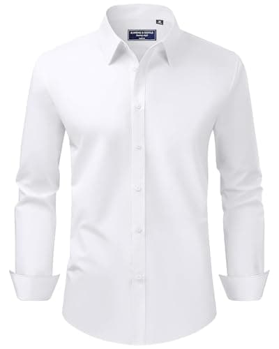 Alimens & Gentle Mens Dress Shirts Regular Fit Stretch Stain Shield Long Sleeve Solid Business Wedding White Button Down Shirts,White,Large