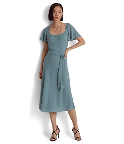 Lauren Ralph Lauren Womens Belted Flutter Sleeve Midi Dress Blue 16