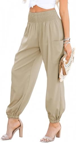 Dokotoo Women's Summer Boho Flowy Pants Long Rosa High Waisted Trousers Baggy Summer Parachute Leggings with Pockets Plus Size Clothes for Teen Girls,Pale Khaki X-Large