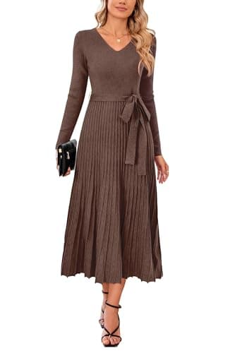 Arach&Cloz Fall Winter Womens Sweater Dress 2025 Long Sleeve V Neck Cashmere Ribbed Knit Tie Waist Pleated A Line Pullover Fashion Belt Midi Maxi Clothes Coffee Brown