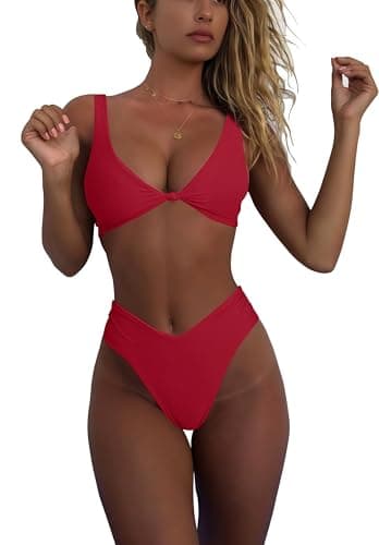 Womens High Waisted Bathing Suits 2 Piece Double Shoulder Knot Front Push Up Cheeky Brazilian Cut Thong Bikini Swimsuit Set Red M