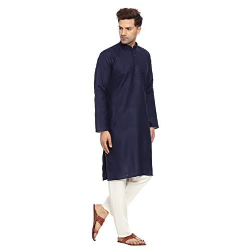 ITOS365 Men Cotton Blend Kurta Pyjama Set Party Fashion Regular Ethinic Wear Indian Dress Gift for Men Navy Blue Large