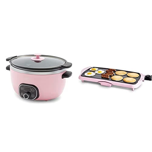 GreenLife Cook Duo Healthy Ceramic 6QT Slow Cooker, Digital Timer Parts, Soft Pink & Healthy Ceramic, Extra Large 20%22 Electric Griddle for Pancakes Eggs Burgers and More, Soft Pink
