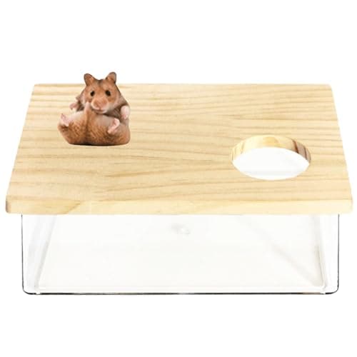 Hamster Sand Bath Box Container, Small Pet Sandbox Lid Design Take Bath Wooden Sandbox Dust Bath, Transparent Bathroom & Digging Box Acrylic Syrian Hamster Litter Box Small Animal Accessories (A)