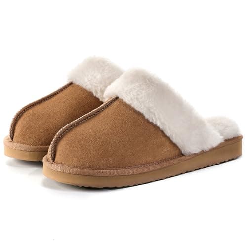 OOW Fuzzy Slippers for Women Cozy Faux Fur House Shoes Winter Warm Memory Foam Slippers for Indoor and Outdoor Chestnut Size 8