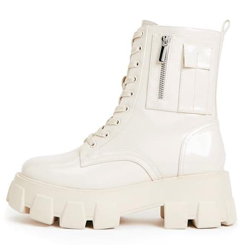 JustFab Womens Combat Boots Fall Boots Lace-up Combat Boots Ankle Booties Platform Shoes for Women - Reverie (White, 10)